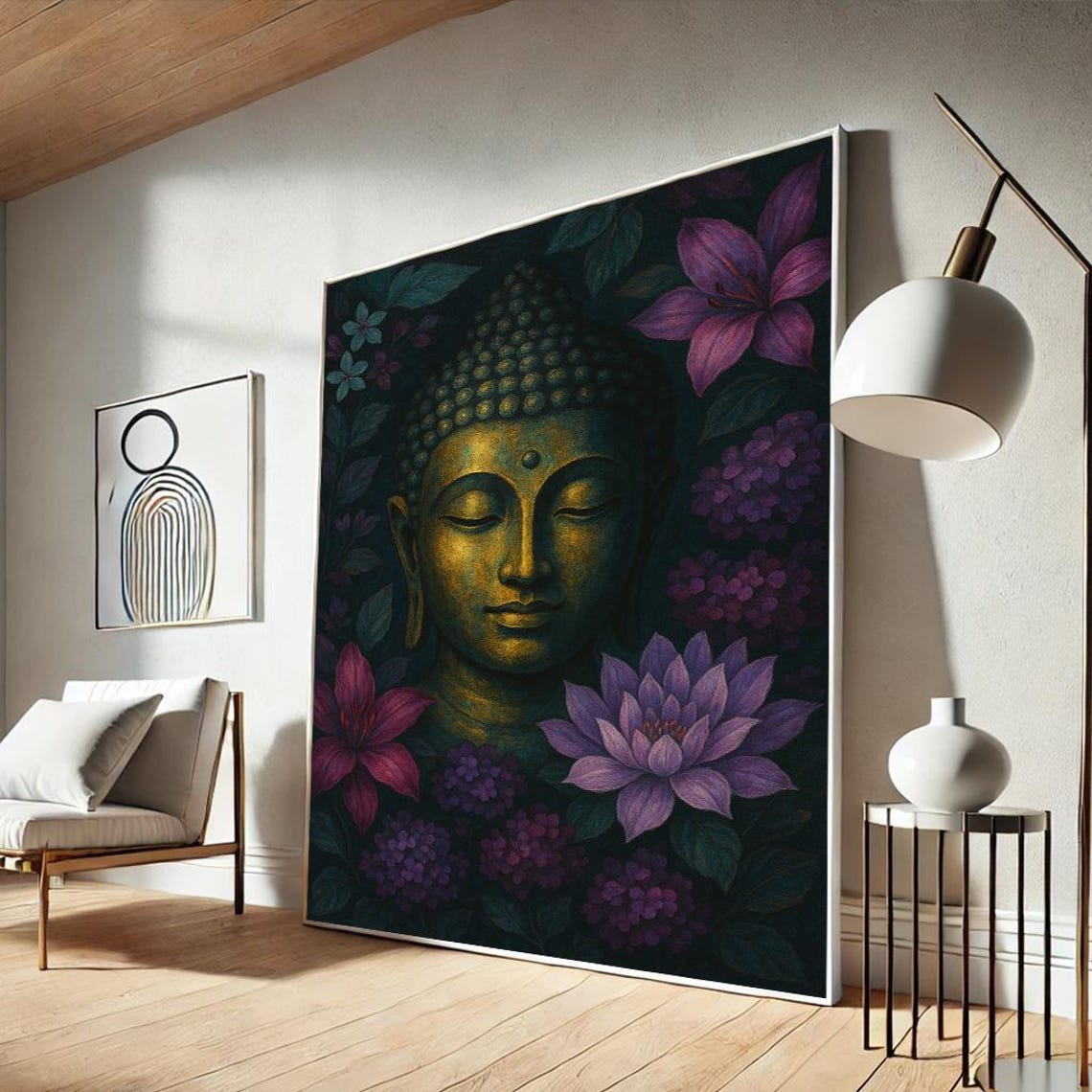 Radiant Golden Buddha Face Purple Lotus Dark Background Zen Poster
