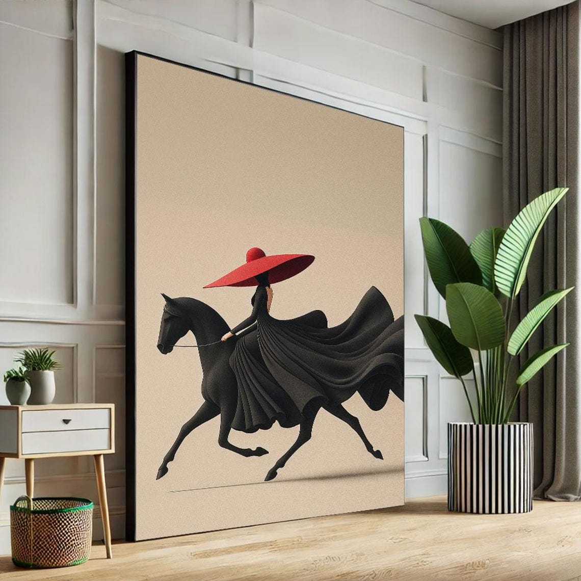 Elegant Woman On Horseback Canvas Wall Art Print Modern Minimalist Living Room Decor Statement Piece