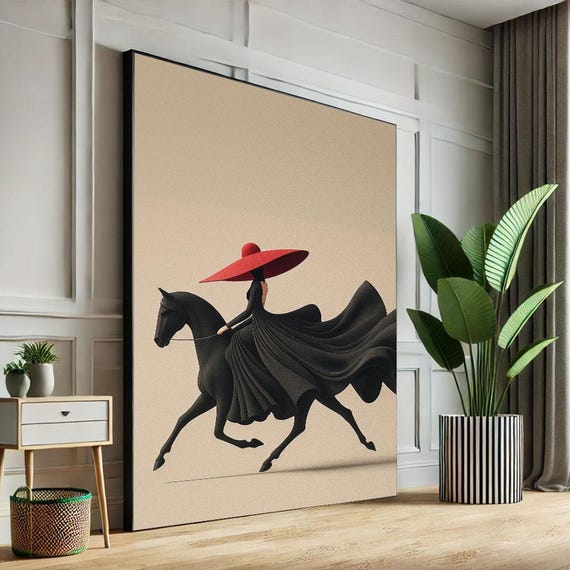 Elegant Woman On Horseback Canvas Wall Art Print Modern Minimalist Living Room Decor Statement Piece