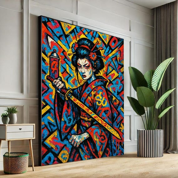 Empowered Japanese Samurai Woman Canvas Bold Oriental Art With Katana Living Room Decor Statement Piece