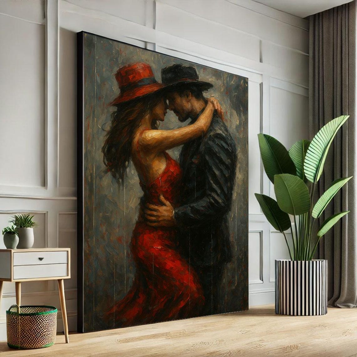 Dancing Couple Red Dress Oil Painting Romantic Embrace Dance Poster