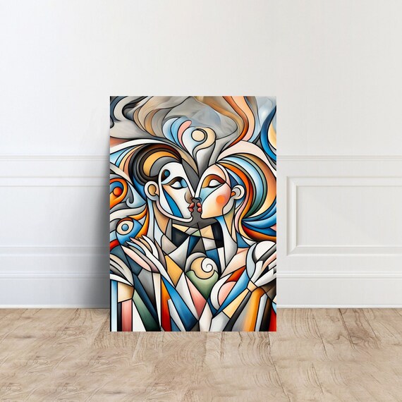 Picasso Style Cubist Kissing Couple in Blue Orange Mosaic Poster
