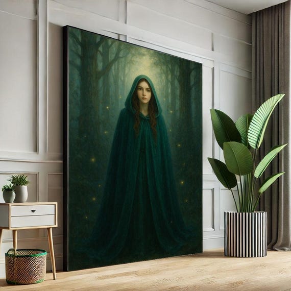 Mystical Woman In Forest Canvas Wall Art Print Dark Green Bedroom Decor Statement Piece
