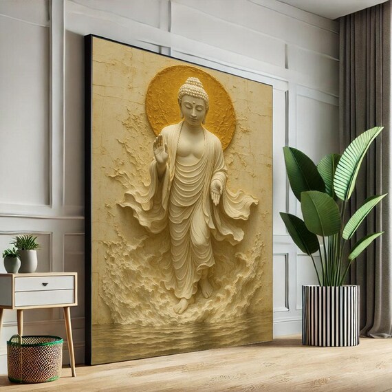 White Buddha Relief Rising From Waves With Golden Halo Calm Art Poster