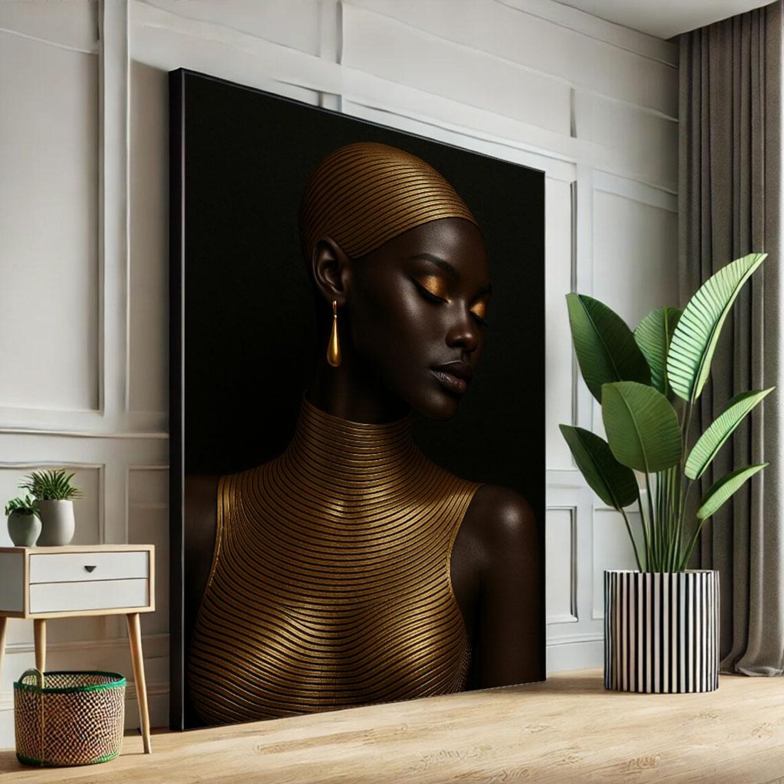 African Woman Gold Ribbed Headwrap Black Beauty Elegant Poster