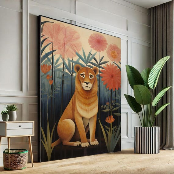 Elegant Lion In Floral Jungle Canvas Wall Art Print Modern Living Room Decor Statement Piece