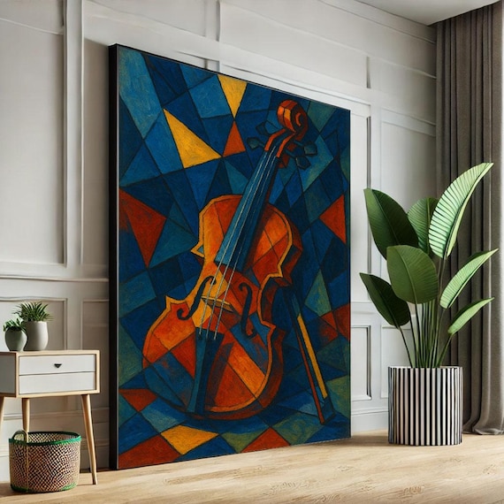 Cubist Violin Geometric Blue Orange Abstract Music Art Poster