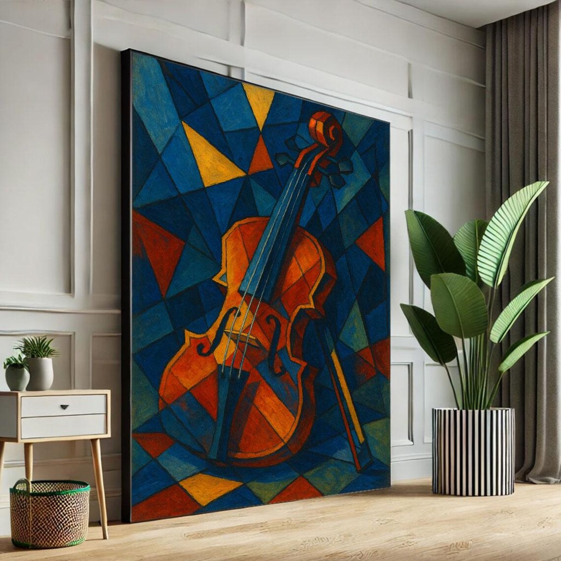 Cubist Violin Geometric Blue Orange Abstract Music Art Poster