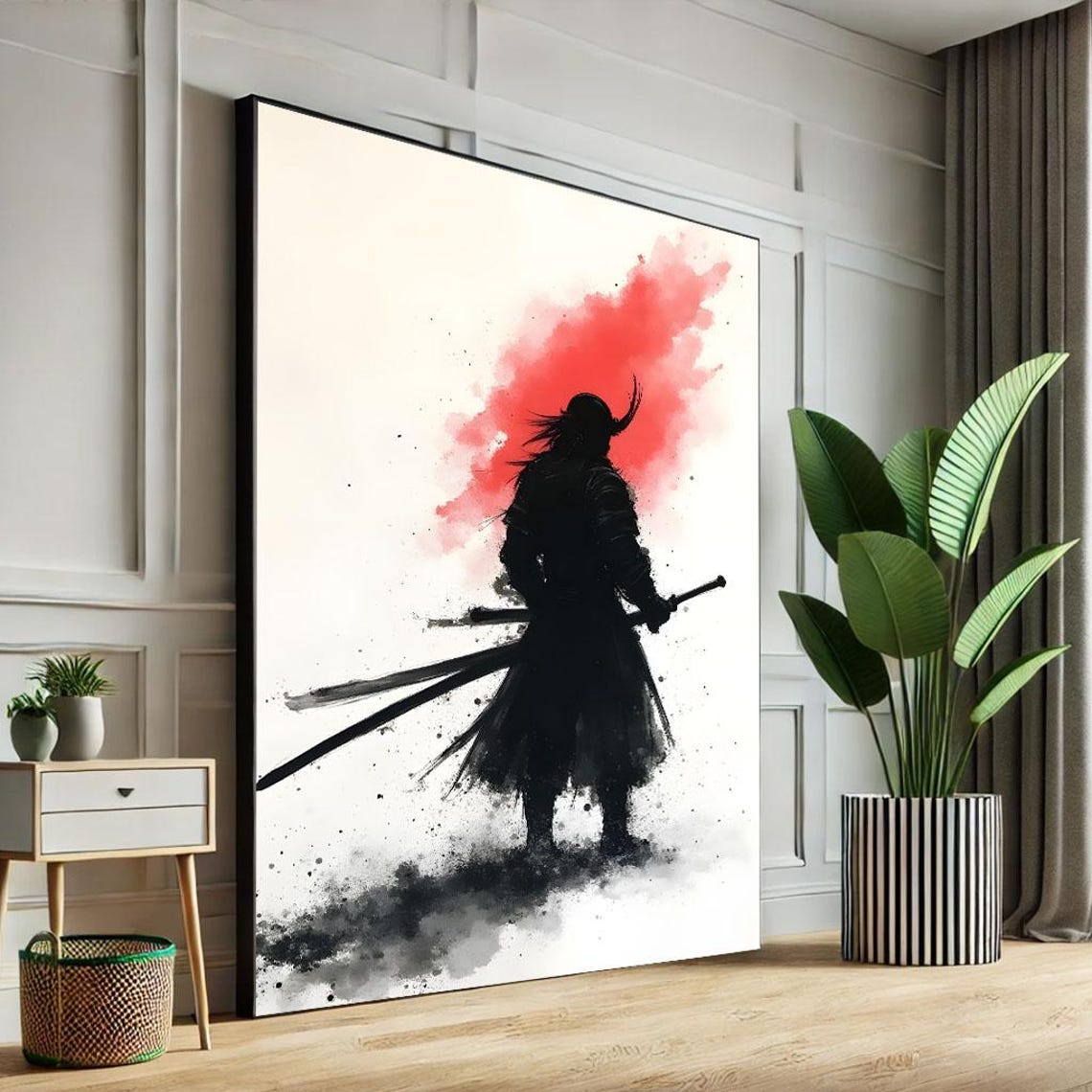 Ink Samurai Silhouette With Two Swords And Red Watercolor Sun Poster