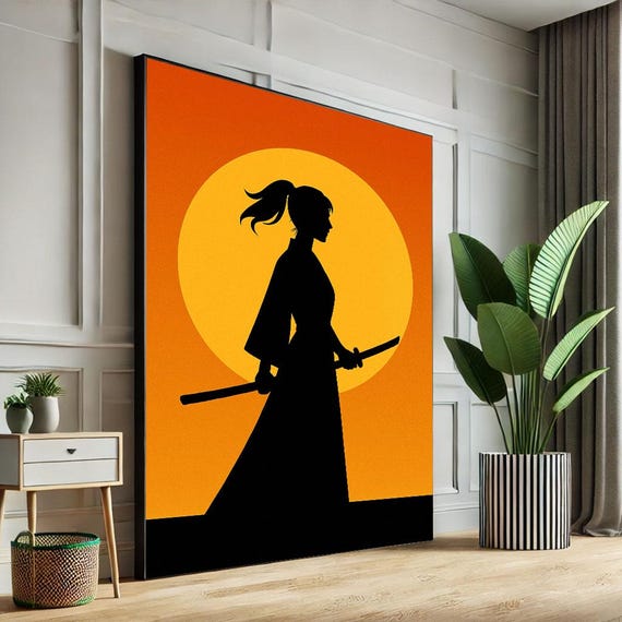 Bold Samurai Silhouette Canvas Wall Art Print Orange And Black Living Room Decor Statement Piece For Modern Lovers