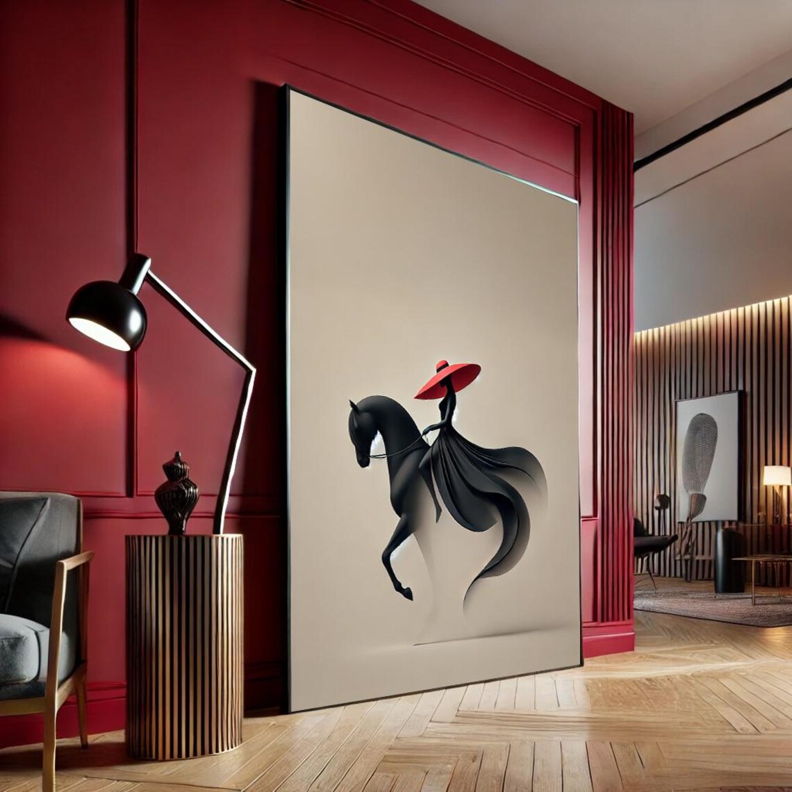 Minimalist Woman With Red Hat Riding Black Horse Surreal Art Poster