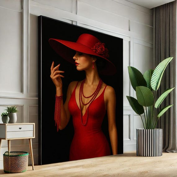 Sophisticated Red Lady In Hat Canvas Wall Art Print Elegant Modern Portrait Living Room Decor Statement Piece