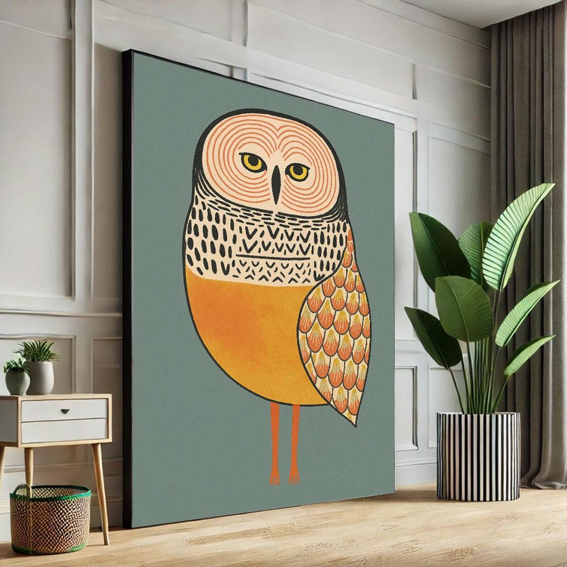 Whimsical Owl Illustration Canvas Wall Art Print Modern Boho Living Room Decor Statement Piece