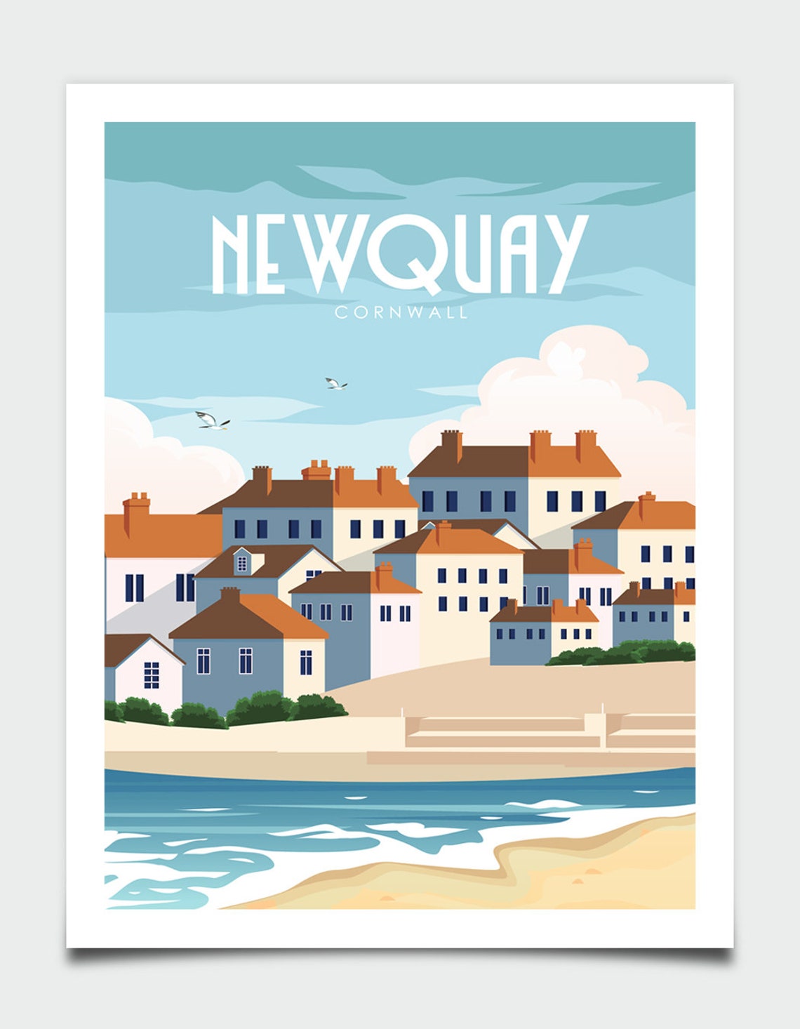 Newquay Cornwall Harbour Cottages Beach Waves Retro Travel Poster - Image 4