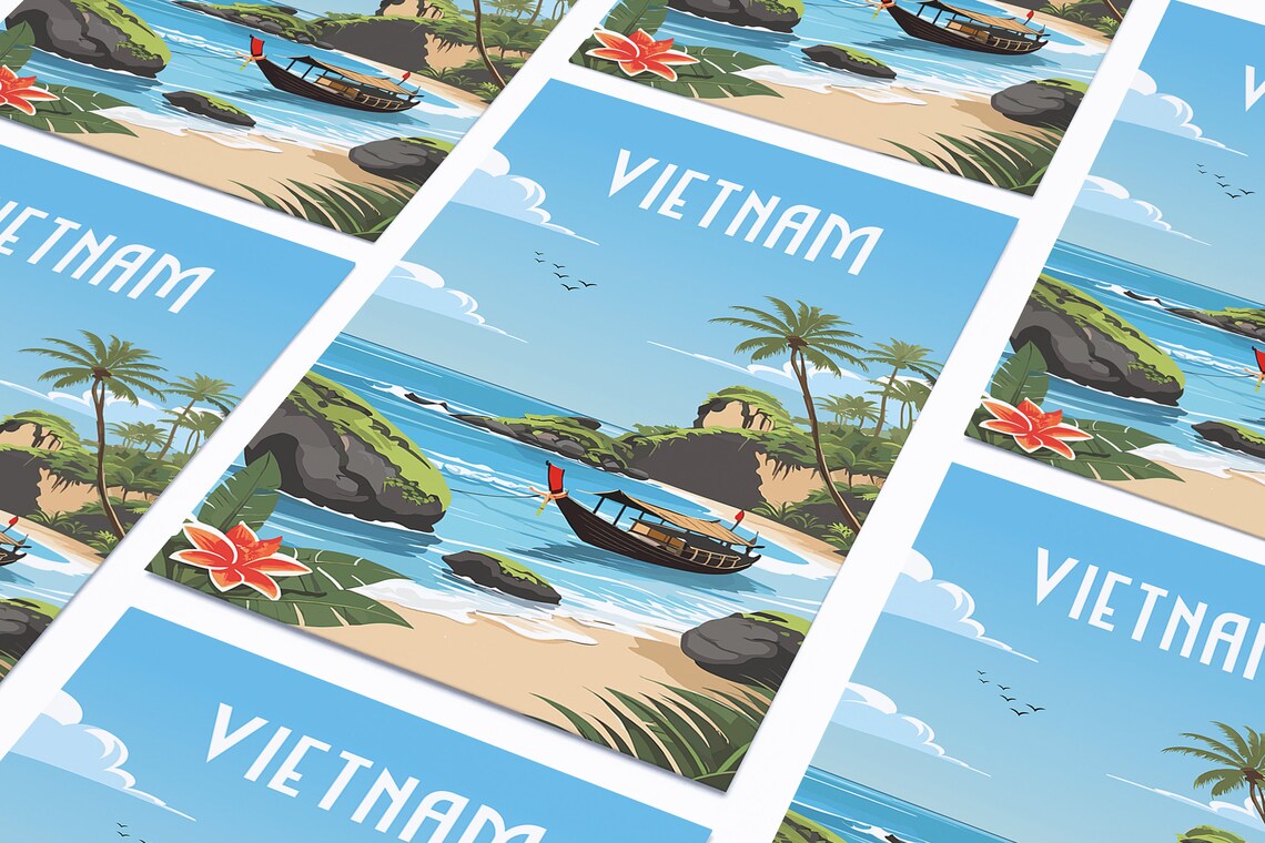 Vietnam Tropical Beach Boat Palm Turquoise Paradise Travel Poster - Image 3