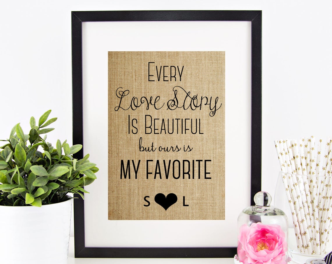 Every Love Story Is Beautiful Burlap Wedding Anniversary Quote Poster