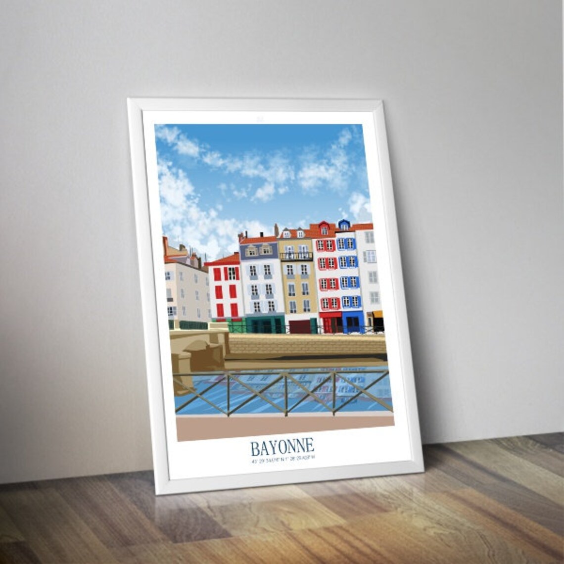 Bayonne France Colorful Riverside Houses Bridge Travel Poster