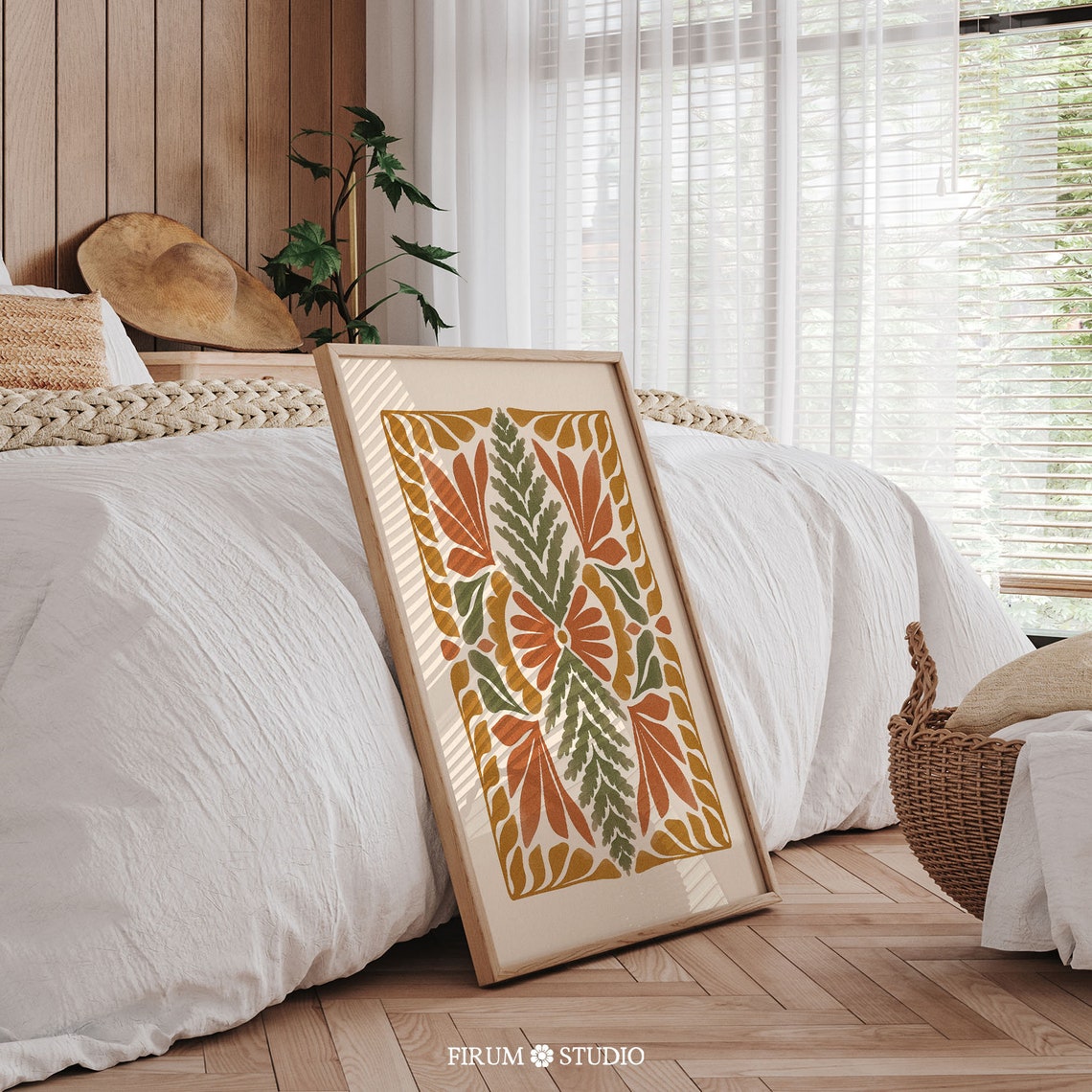 Symmetrical Folk Floral in Warm Ochre and Green Tones Poster - Image 2
