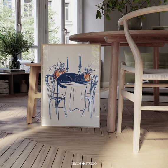 Black Cat Sleeping On Table With Pumpkins Candles Blue Line Art Poster