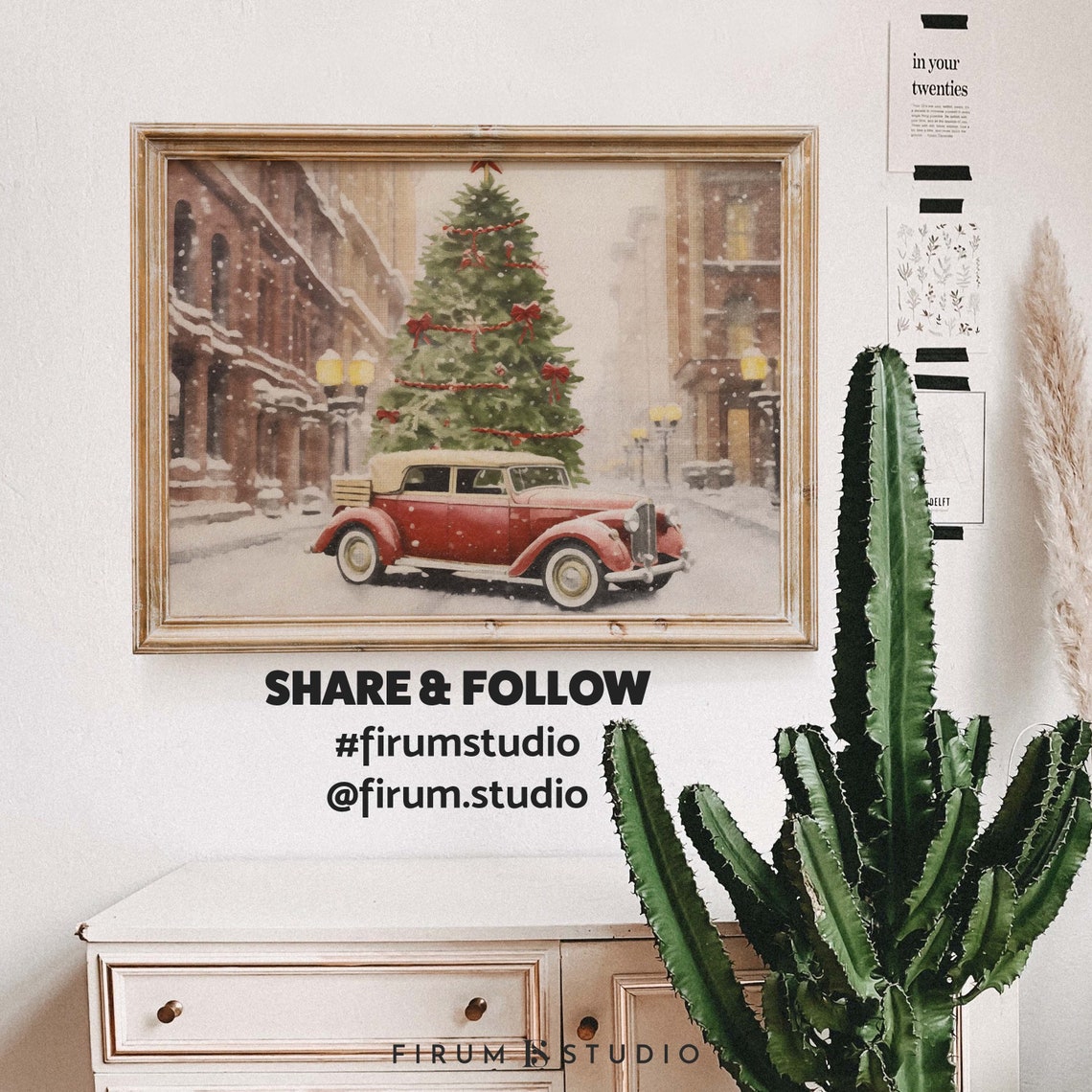 Vintage Red Car Christmas Tree Poster Snowy Holiday Street Scene - Image 2