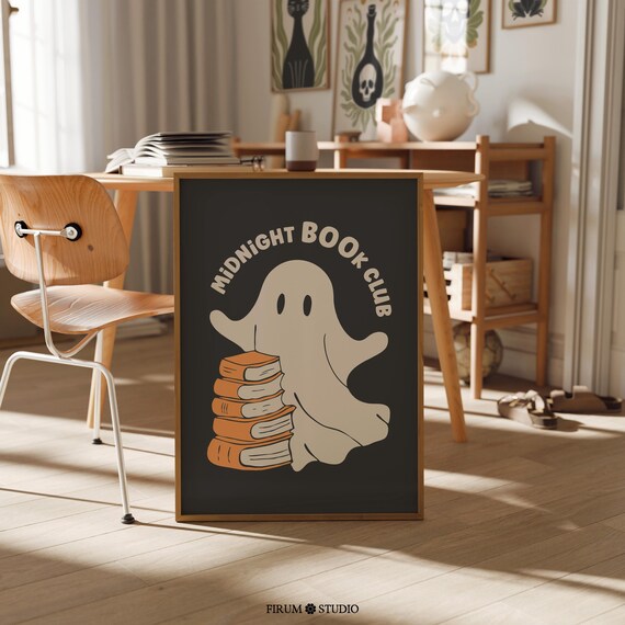 Midnight Book Club Ghost With Book Stack Halloween Bookish Poster