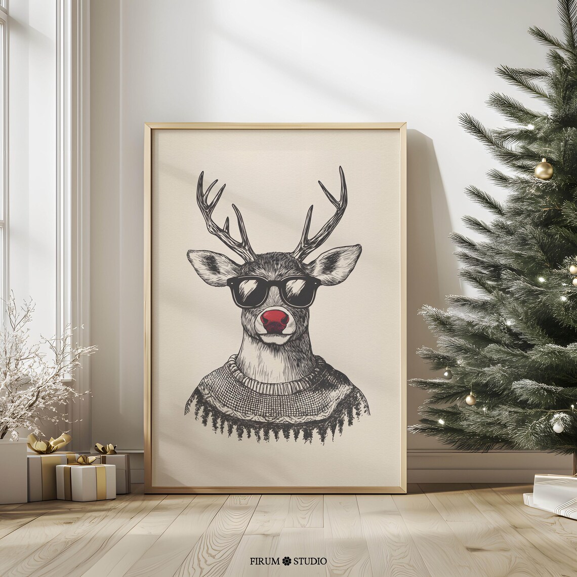 Rudolph Scandi Christmas Art Print, Holiday Decor