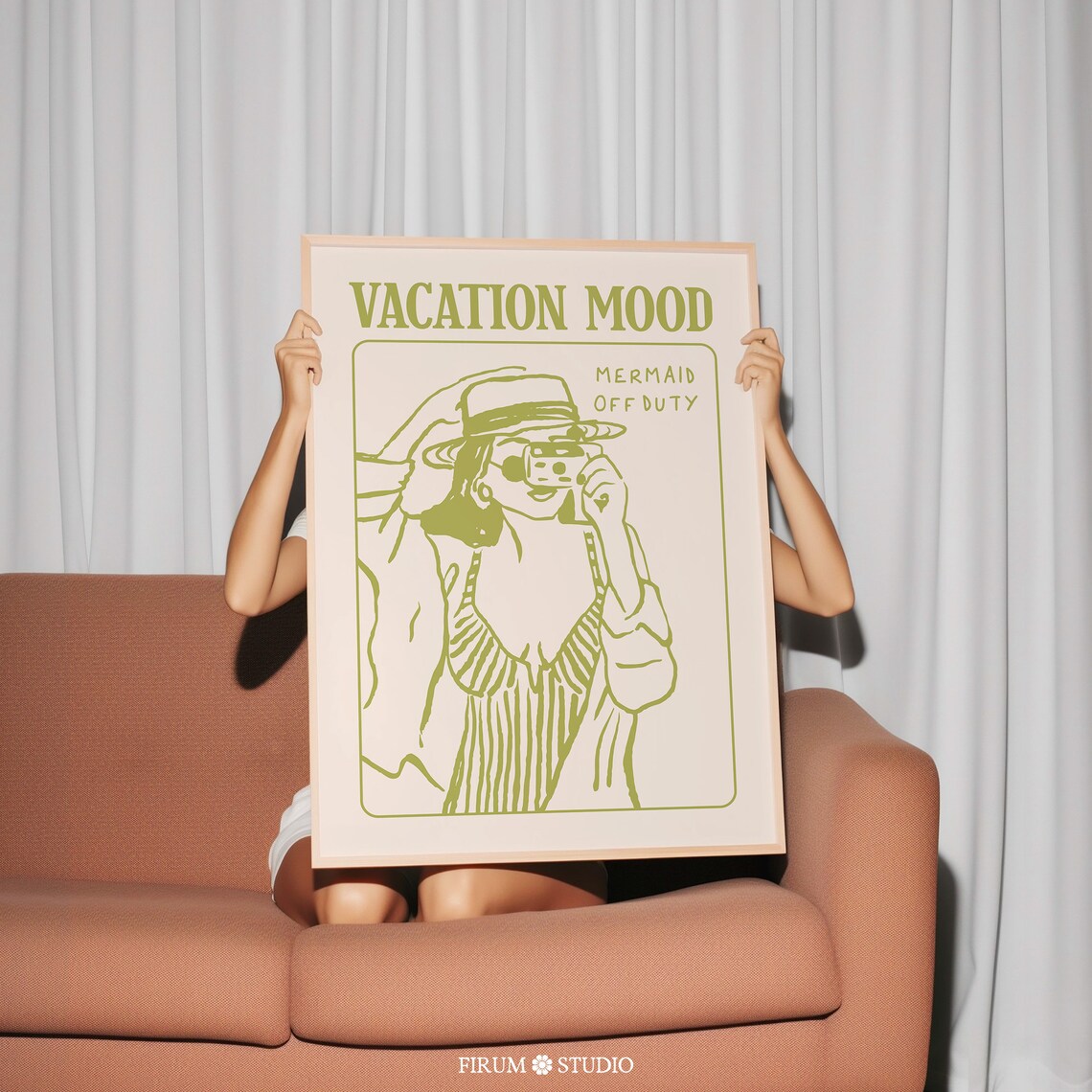 Vacation Mood Olive Green Retro Travel Girl Camera Mermaid Poster