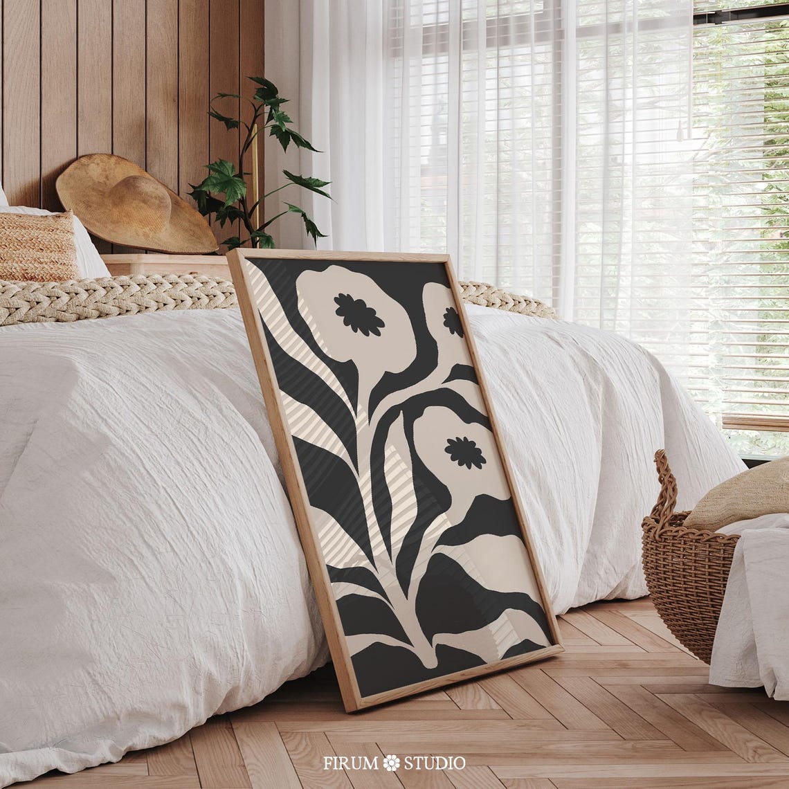 Bold Black and Cream Abstract Floral Statement Mid Century Print - Image 2