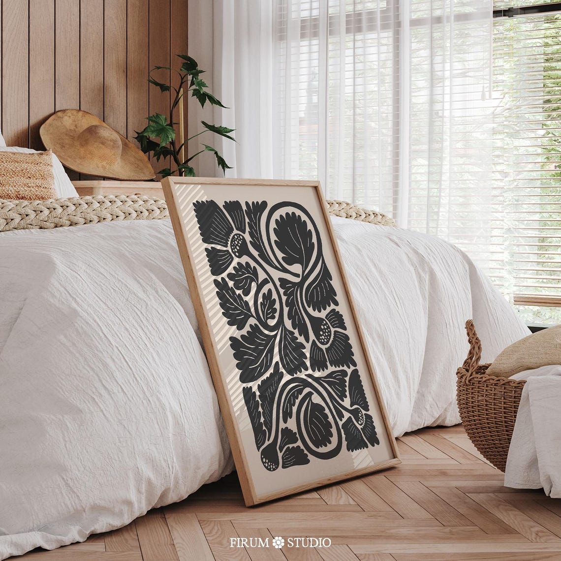 Ornate Black Floral Pattern Vintage Woodblock Beige Wall Art - Image 2