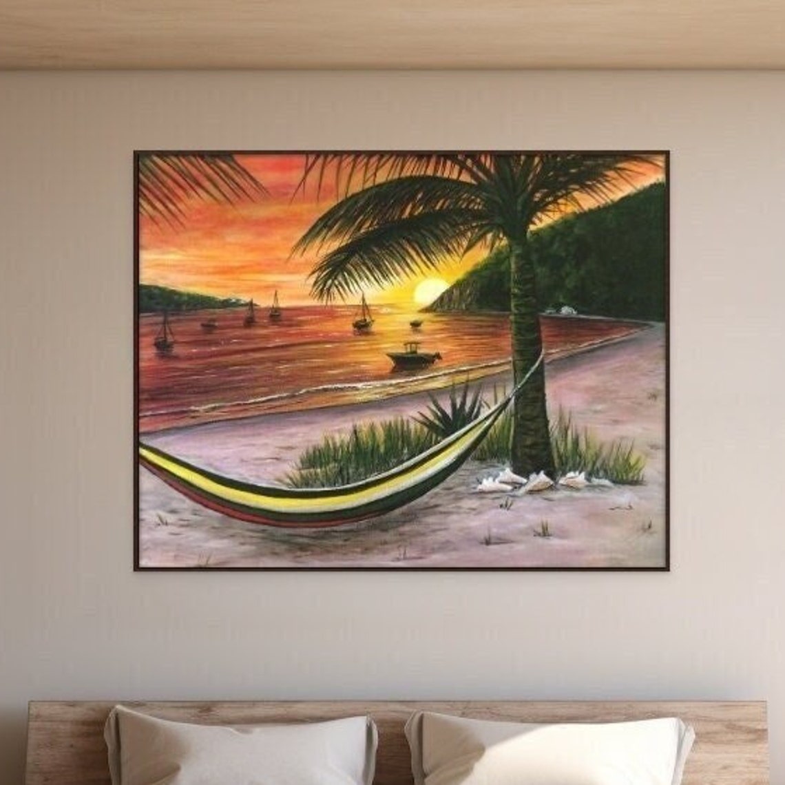 Tropical Beach Sunset Sailboats Hammock Palm Trees Coastal Poster