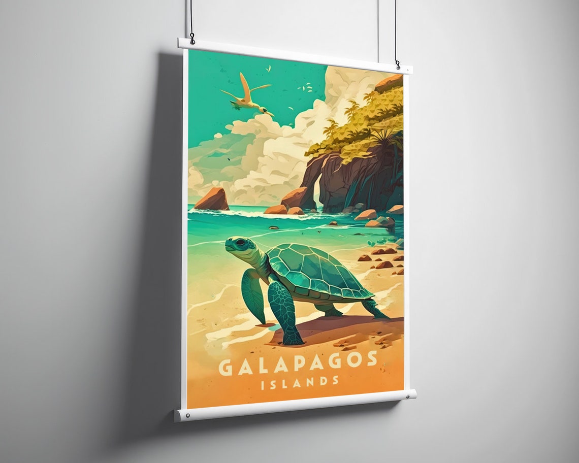 Galapagos Islands Sea Turtle Sandy Beach Sunset Vintage Travel Poster - Image 3