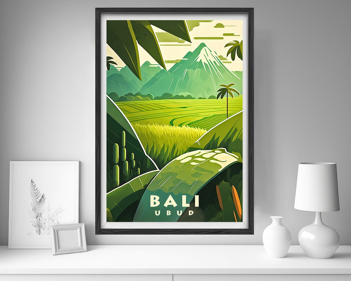 Bali Ubud Rice Fields Vintage Travel Poster Volcano Jungle Art - Image 4