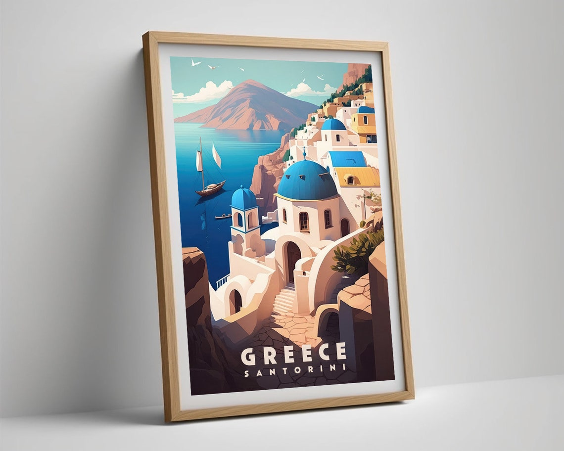 Santorini Greece Blue Dome Churches Aegean Coast Travel Poster - Image 5