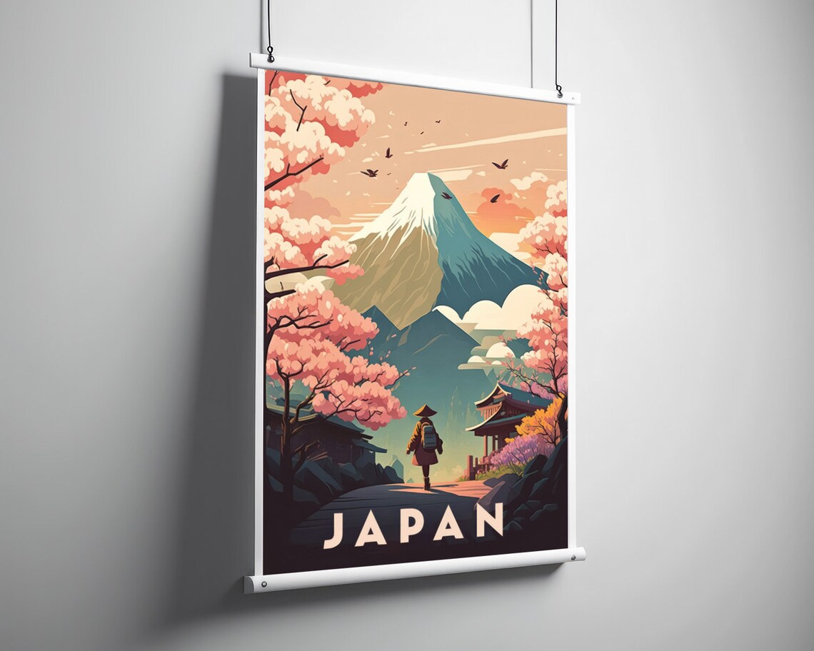 Japan Mount Fuji Sunset Cherry Blossom Traveler Vintage Poster - Image 3