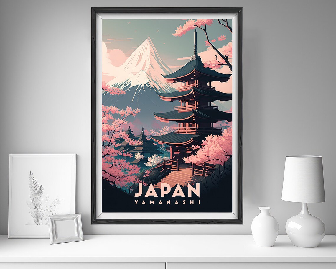 Japan Yamanashi Mt Fuji Vintage Travel Poster Pagoda Blossom - Image 4