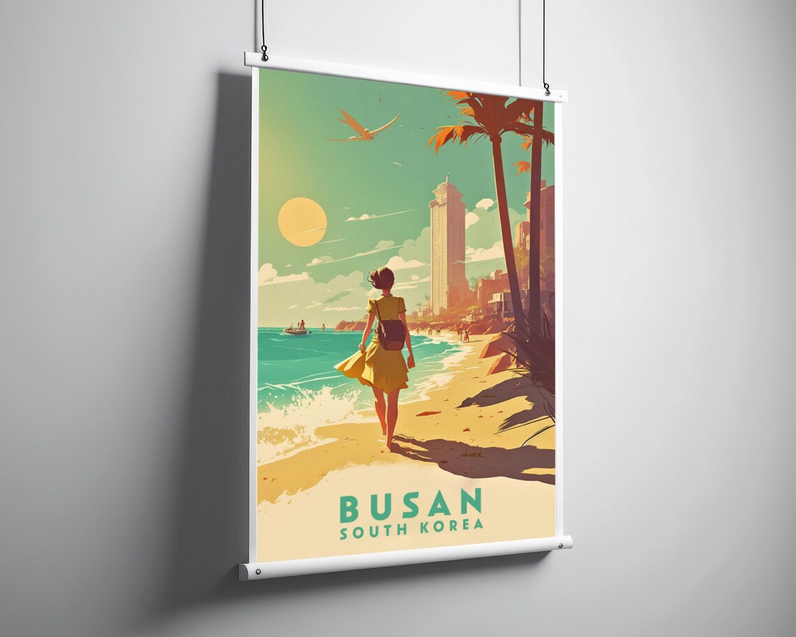 Busan South Korea Golden Beach Sunset Resort Vintage Travel Poster - Image 3
