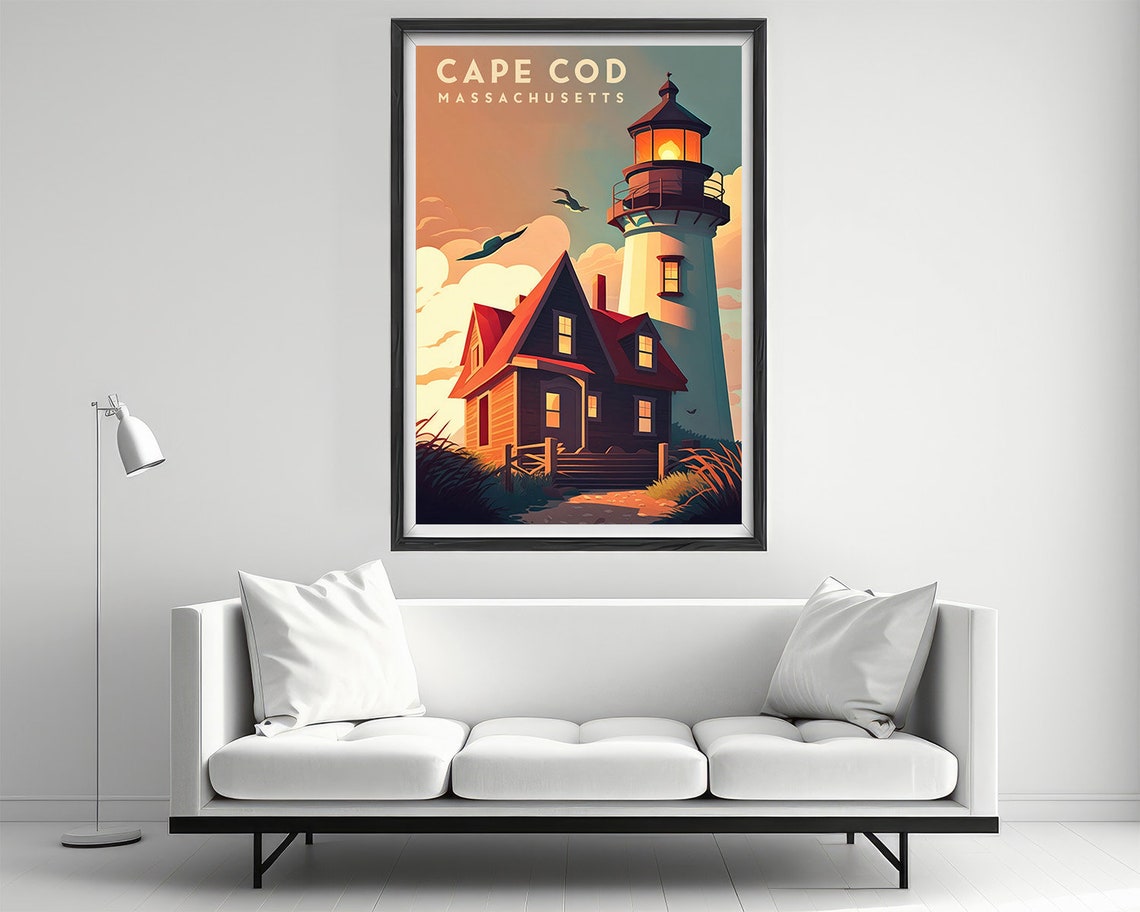 Cape Cod Massachusetts Lighthouse Cottage Sunset Travel Poster - Image 2