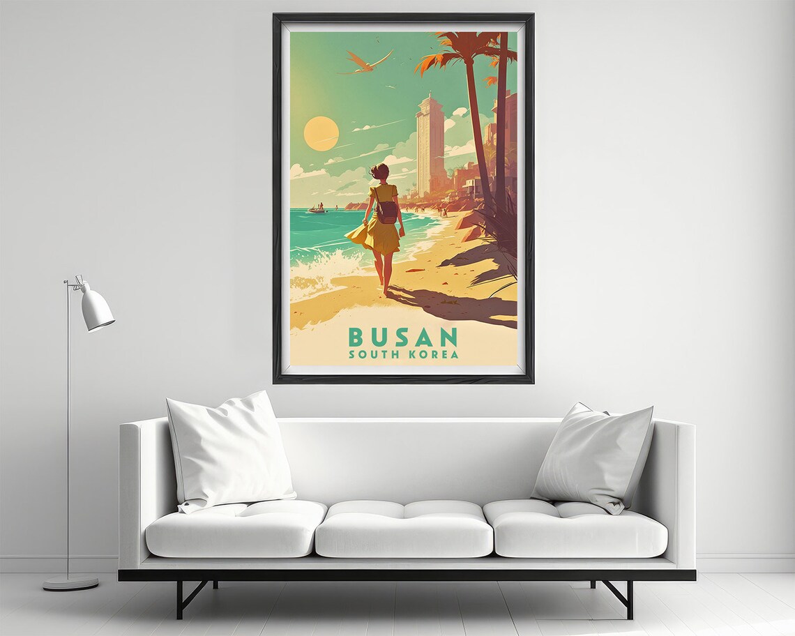 Busan South Korea Golden Beach Sunset Resort Vintage Travel Poster - Image 2