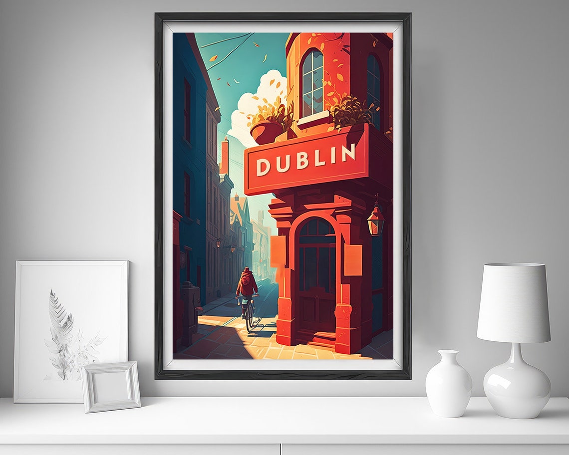 Dublin Ireland Vintage Travel Poster Red Pub Cyclist Street Scene - Image 4