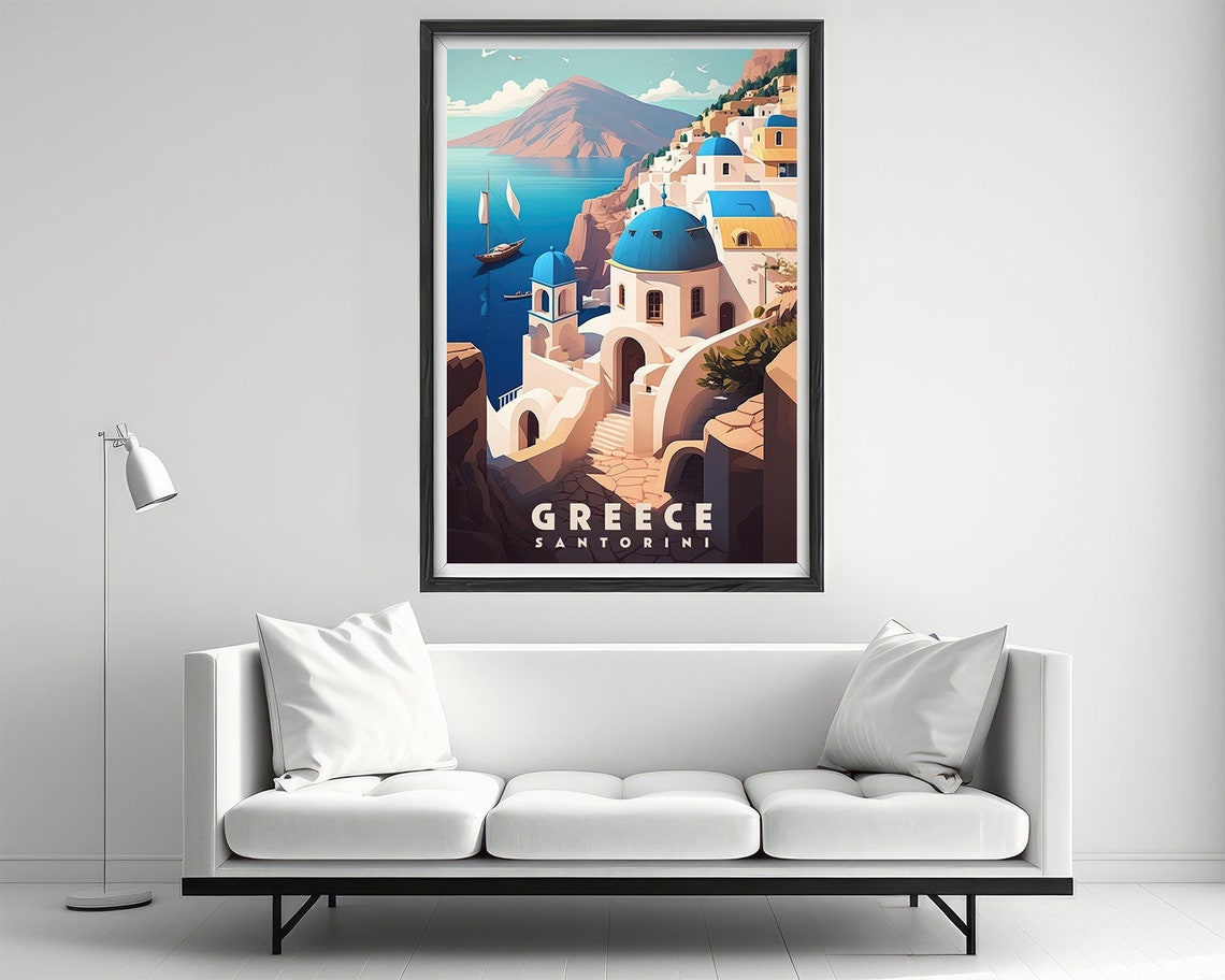 Santorini Greece Blue Dome Churches Aegean Coast Travel Poster - Image 2