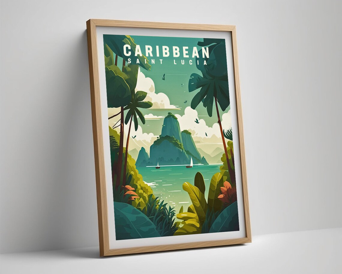 Saint Lucia Caribbean Pitons Sailboats Vintage Travel Poster - Image 5