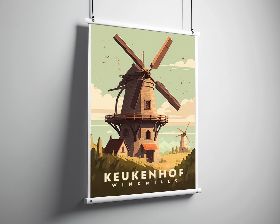Keukenhof Netherlands Travel Poster Keukenhof Netherlands Wall Art Print Windmill Painting Windmill Illustration Keukenhof Decor - Image 3