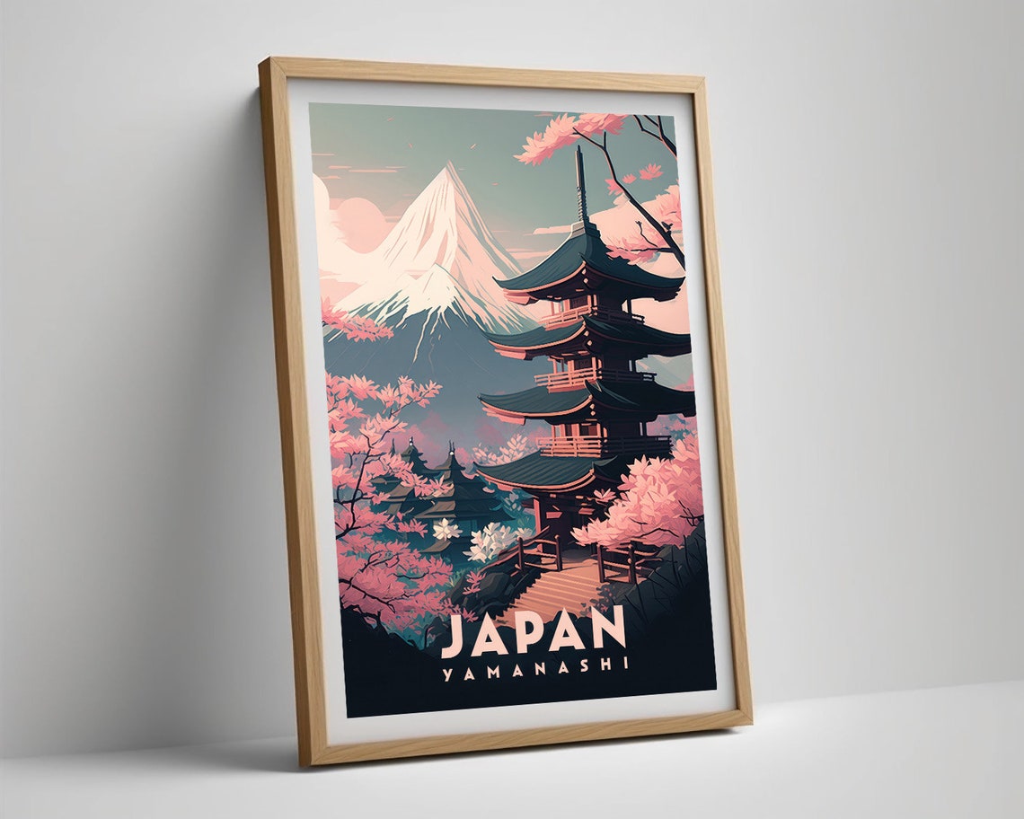 Japan Yamanashi Mt Fuji Vintage Travel Poster Pagoda Blossom - Image 5