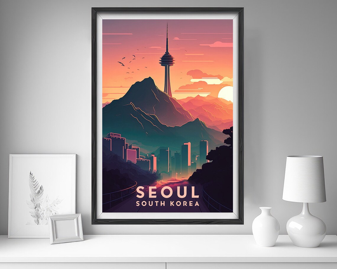 Seoul South Korea Tower Mountain Sunset Vintage Travel Art Poster - Image 4