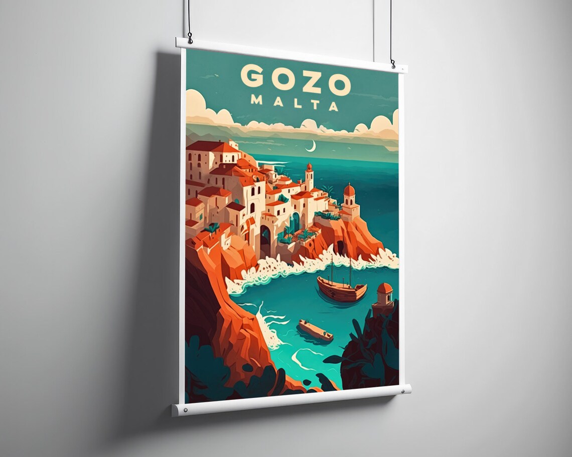 Gozo Malta Cliffside Old Town Turquoise Sea Vintage Travel Poster - Image 3
