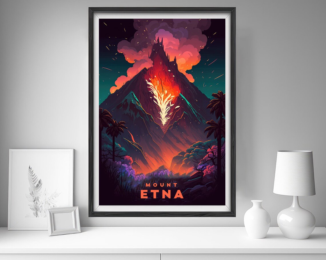 Mount Etna Sicily Volcano Eruption Night Vintage Travel Poster - Image 4