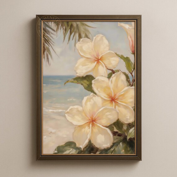 Plumeria Flower Print Tropical Beach Oil Painting Style Jpgs