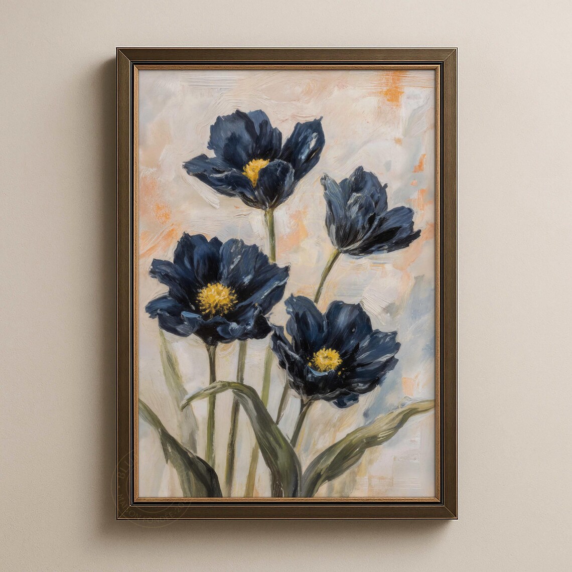 Navy Blue Flowers Gold Center Abstract Floral Modern Art Poster