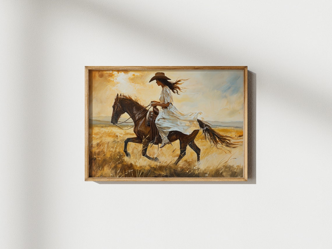 Cowgirl Riding Her Horse Painting Rustic Southwestern Art Woman Feminine Wall Decor Western Animal Landscape America - Image 2