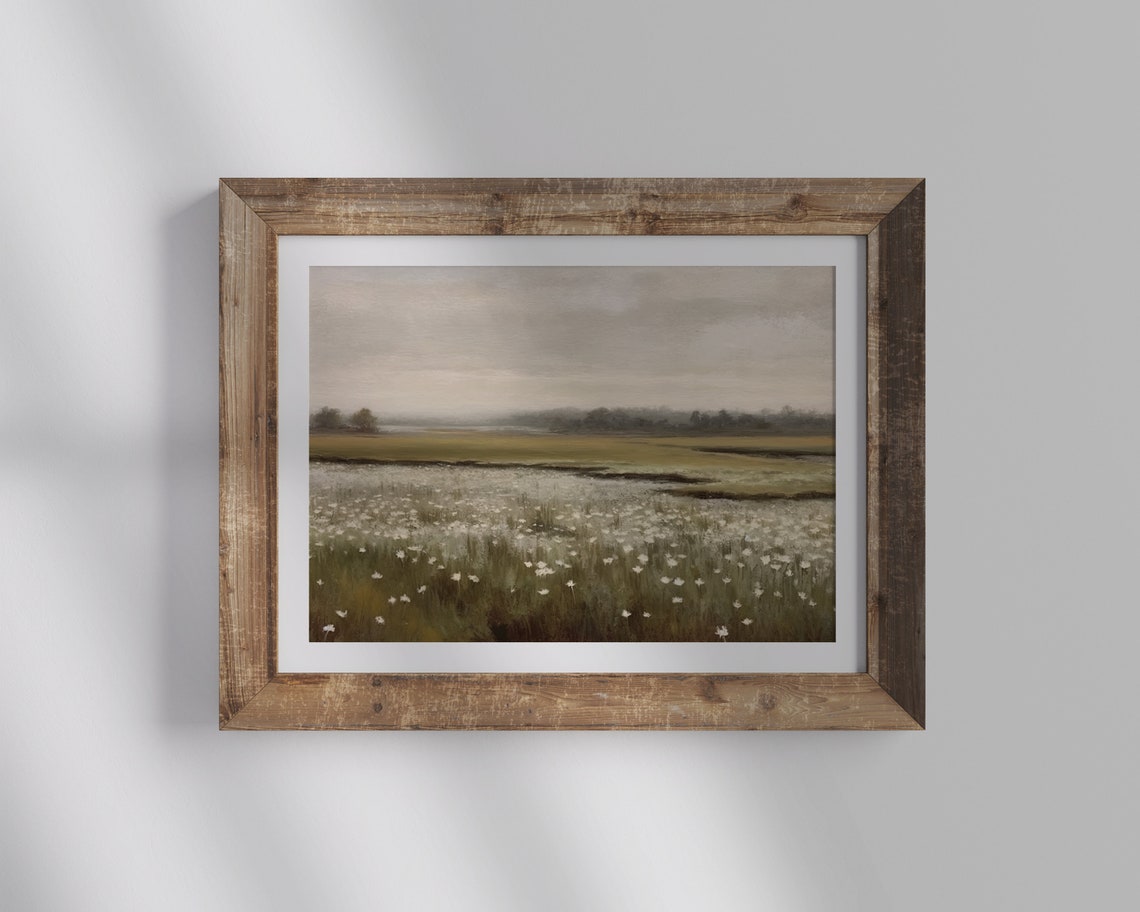 White Wildflower Meadow Grey Sky Soft Spring Vintage Landscape Poster - Image 2